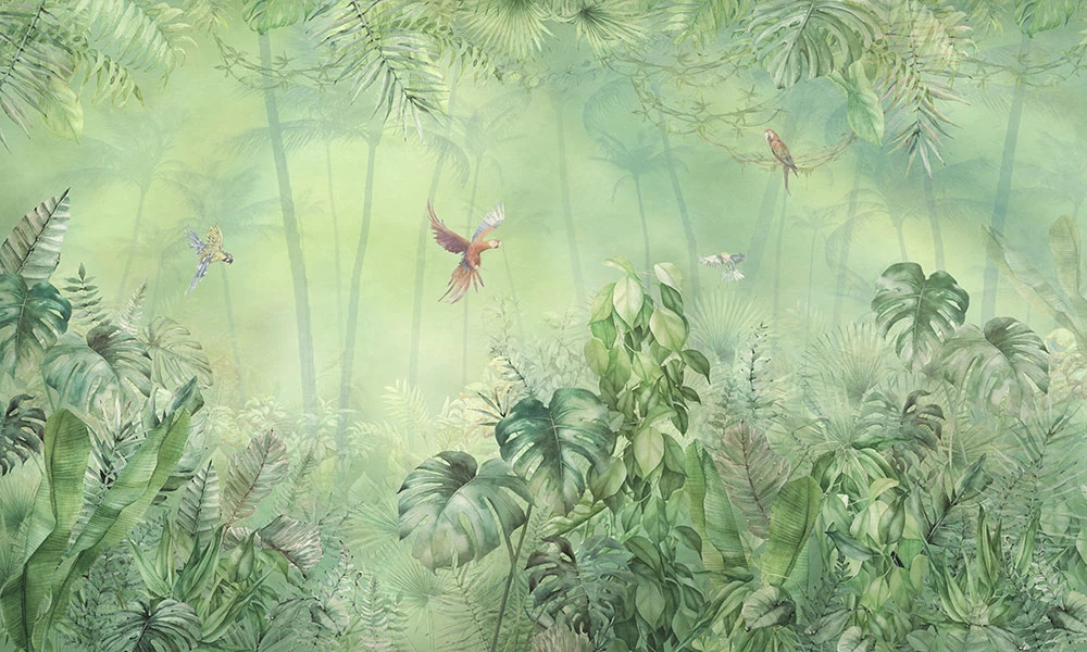 Фотообои на стену - пейзаж, тропические, тропики, листья тропические, попугай, ярко зеленая