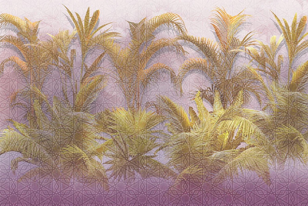 Фотообои и фрески на стену - пейзаж, тропический, тропики, листья тропические, сиреневая, горчичная