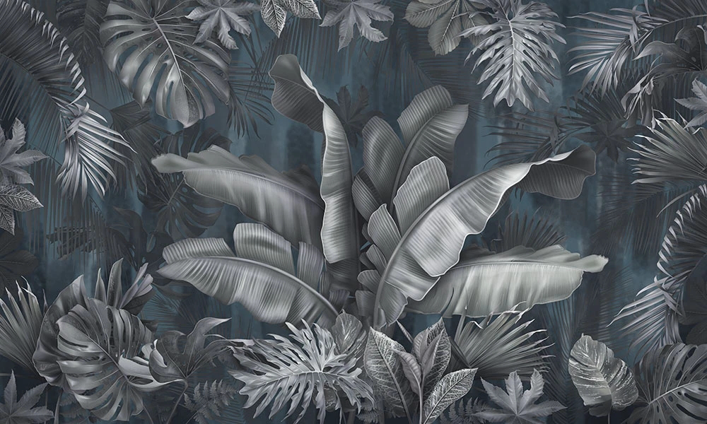 Фотообои и фрески на стену - пейзаж, тропические листья, тропики, серо-зеленая