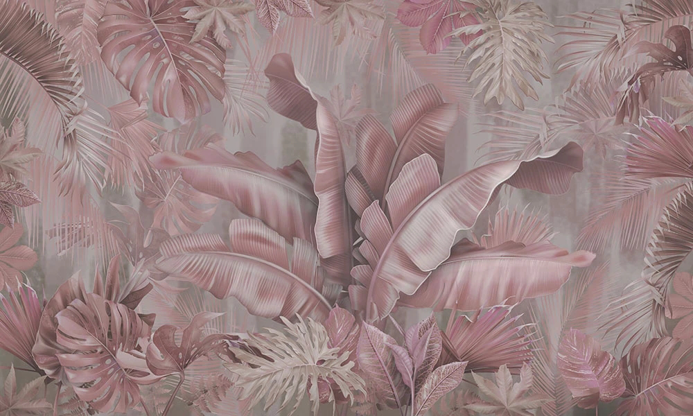 Фотообои на стену - пейзаж, тропические листья, тропики, серо-розовая