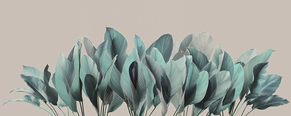 Фотообои на стену - пейзаж, листья тропические, тропики, зеленые, на бежевом фоне