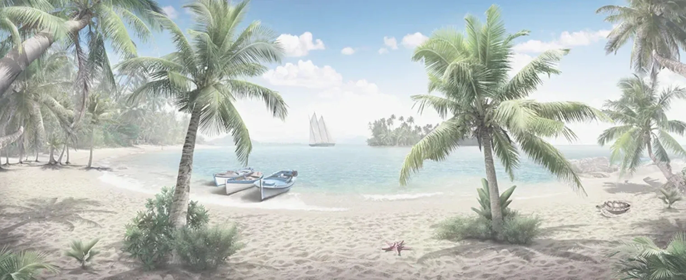 Фотообои и фрески на стену - пейзаж, морской, пальмы, песок, горизонтальный, светлые, голубая