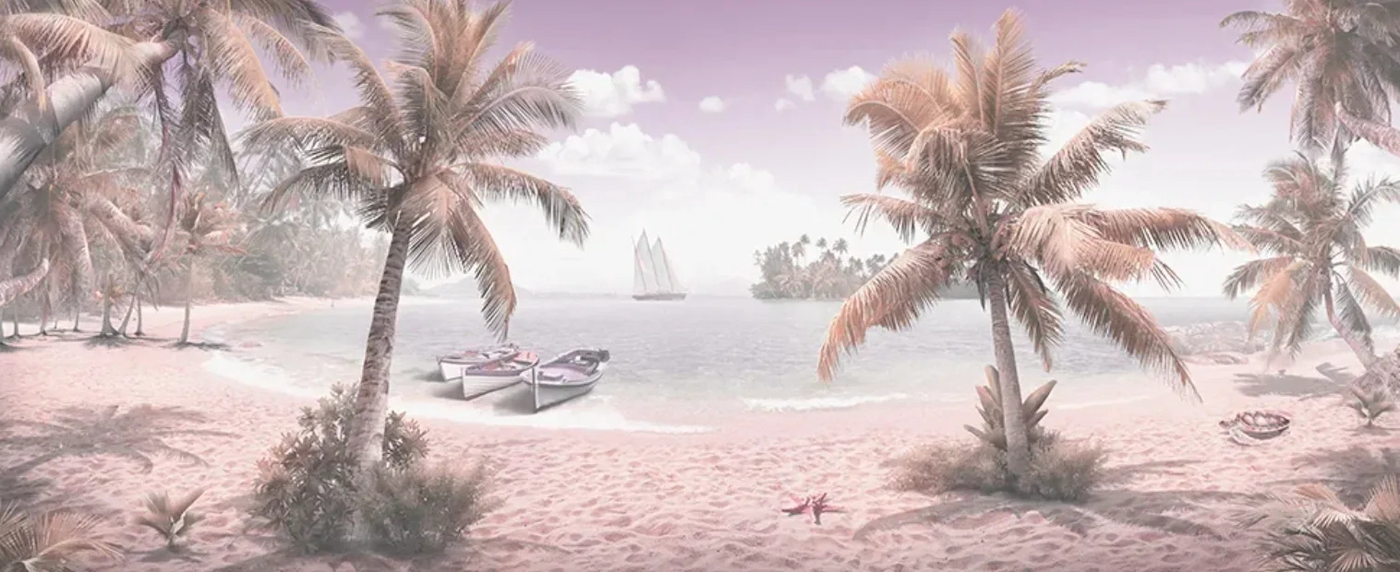 Фотообои и фрески на стену - пейзаж, морской, пальмы, песок, берег, горизонтальные, светлые, бежевые