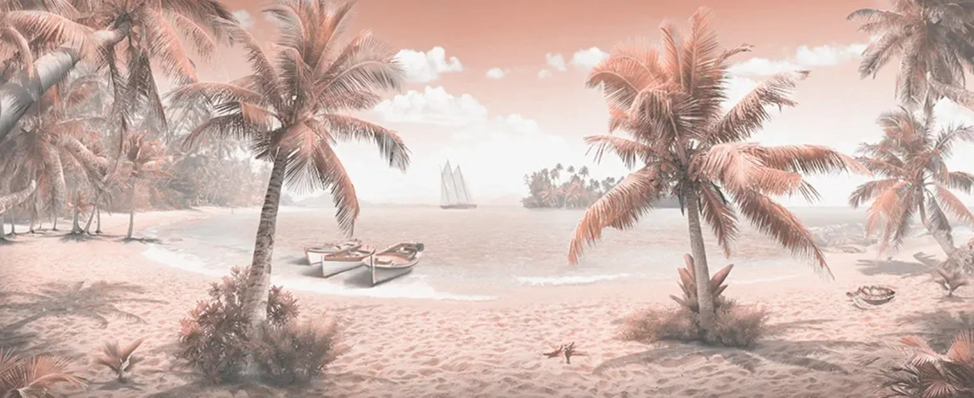 Фотообои на стену - пейзаж, морской, пальмы, берег, горизонтальные, бежевая, светло бежевые