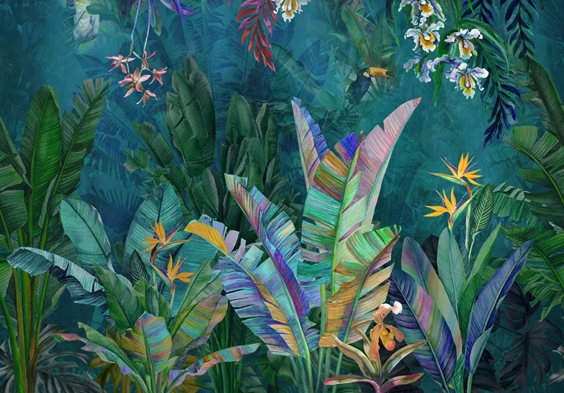 Фотообои и фрески на стену - пейзаж, тропические, тропики, тропические листья, яркие, бирюзовая