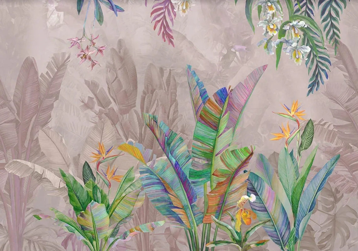 Фотообои на стену - пейзаж, тропические, тропики, тропические листья, серо-розовая