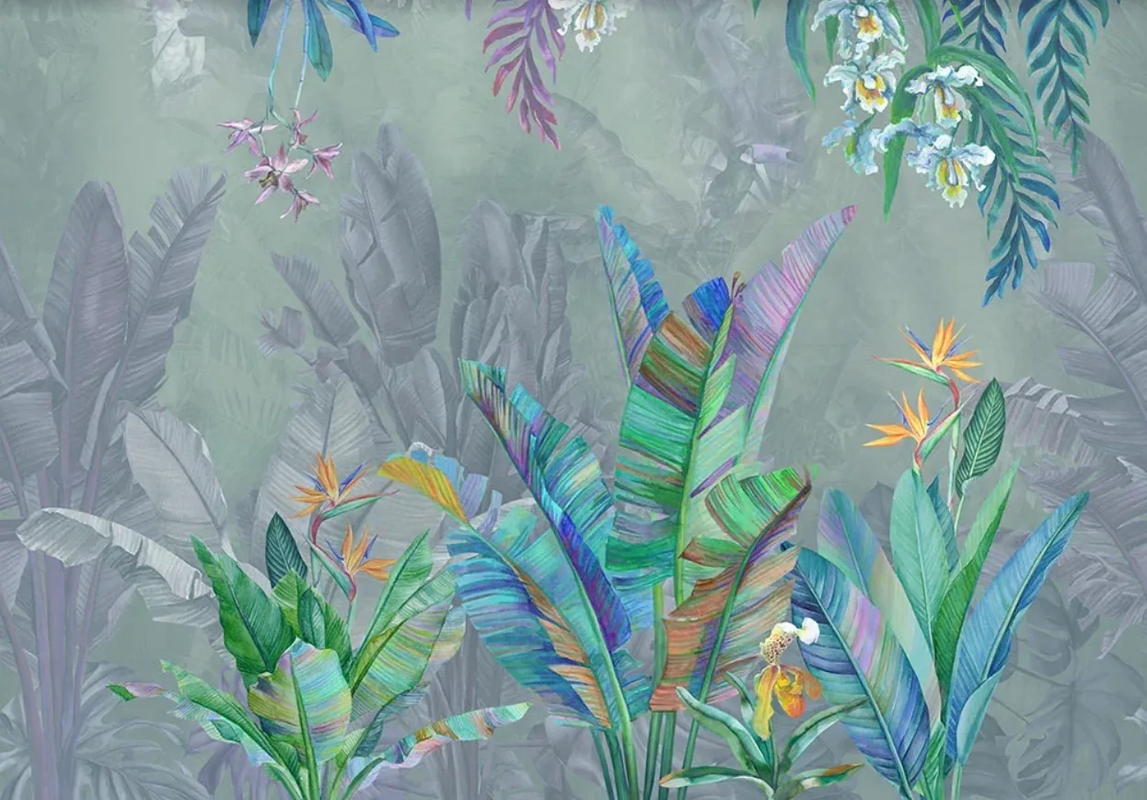 Фотообои на стену - пейзаж, тропические, тропики, серо-голубая, тропические листья, сиреневая