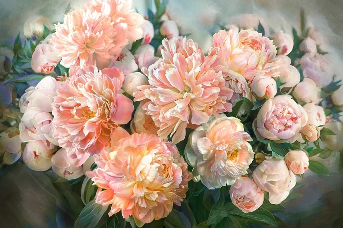 Фотообои и фрески на стену - пионы, цветы, крупные, розовые, букет, на зеленом фоне