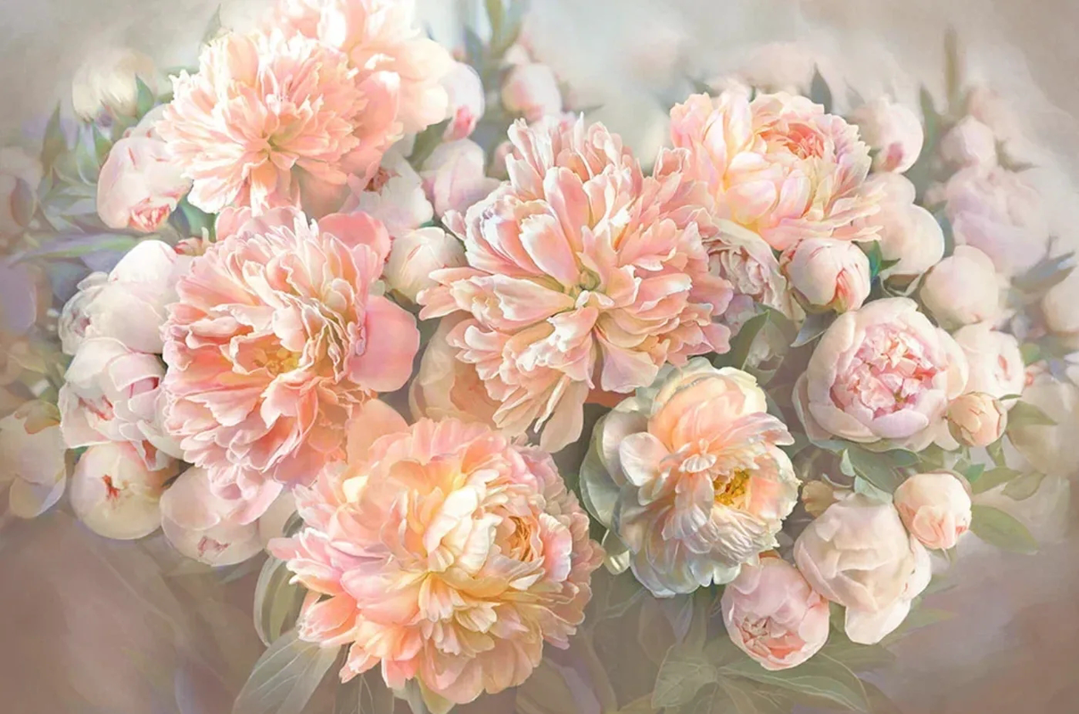 Фотообои на стену - пионы, цветы, крупные, персиковые, светло розовая, на бежевом фоне