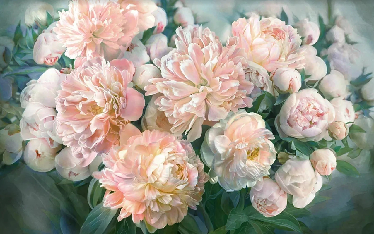 Фотообои и фрески на стену - пионы, цветы, крупные, нежные, светло розовая, на светло зеленом фоне