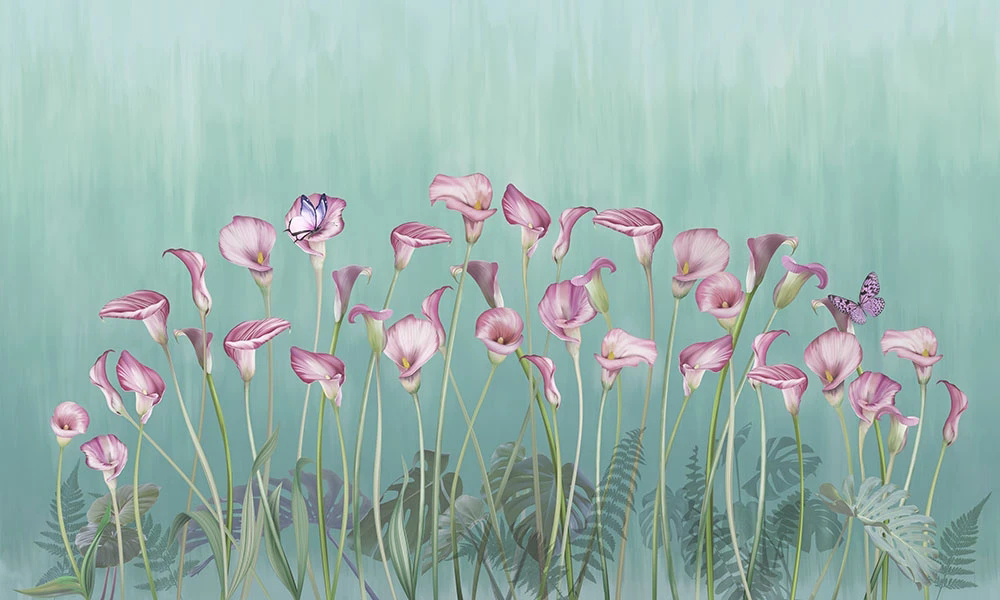 Фотообои и фрески на стену - цветы, каллы, розовые, на зеленом фоне