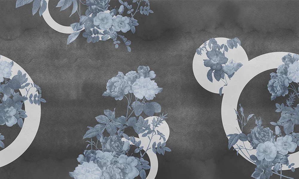 Фотообои и фрески на стену - цветы, гжель, голубые, на сером фоне