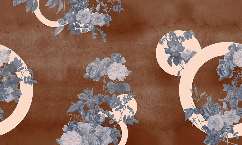 Фотообои и фрески на стену - цветы, гжель, серо-синие, на коричневом фоне