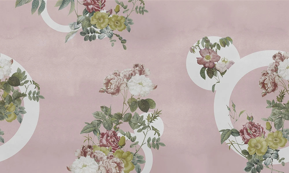 Фотообои и фрески на стену - цветы, светло розовая, светло зеленая, на светло розовом фоне.