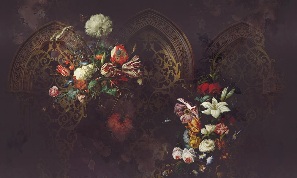 Фотообои и фрески на стену - цветы, яркие, хейсум, на коричневом фоне, узор