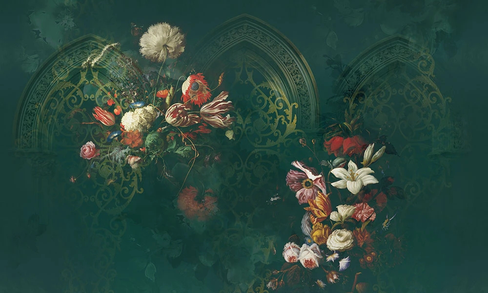 Фотообои и фрески на стену - цветы, яркие, хейсум, на зеленом фоне, узор