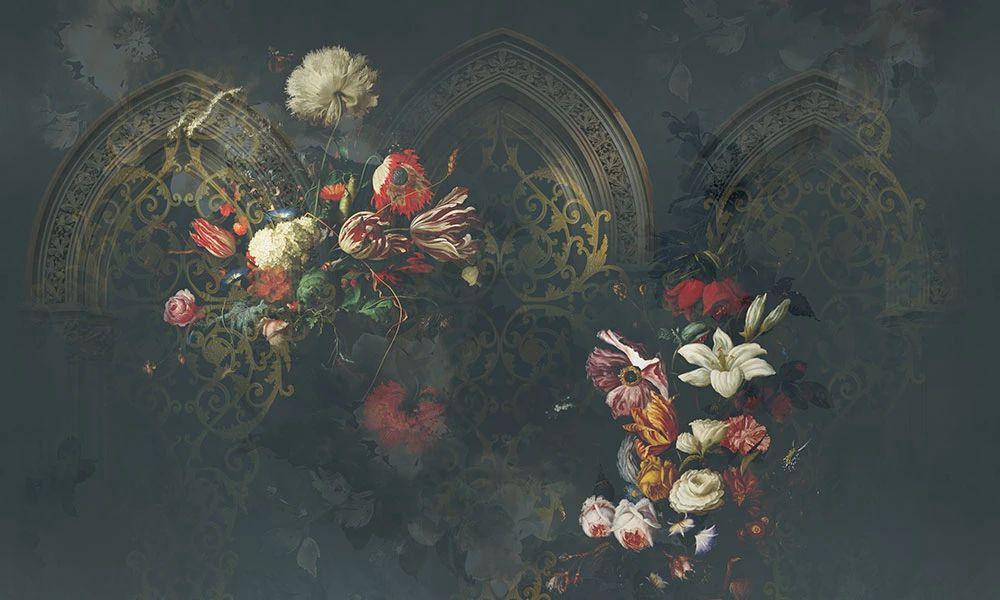 Фотообои и фрески на стену - цветы, яркие, хейсум, на сером фоне, цветы на темном