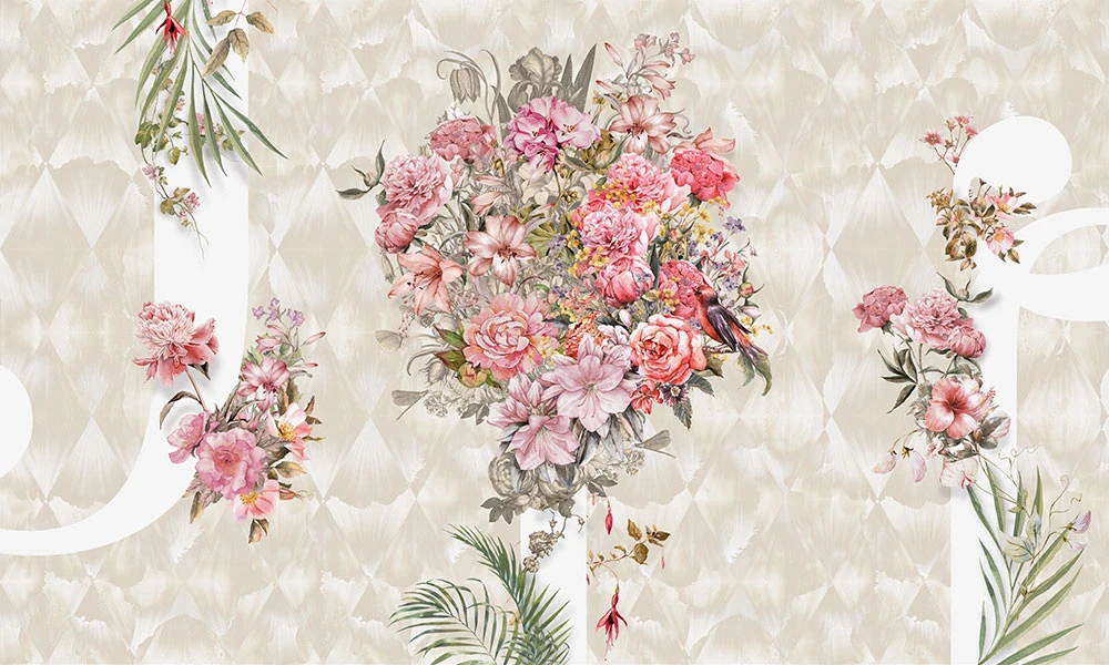 Фотообои на стену - цветы, розовые, на бежевом фоне