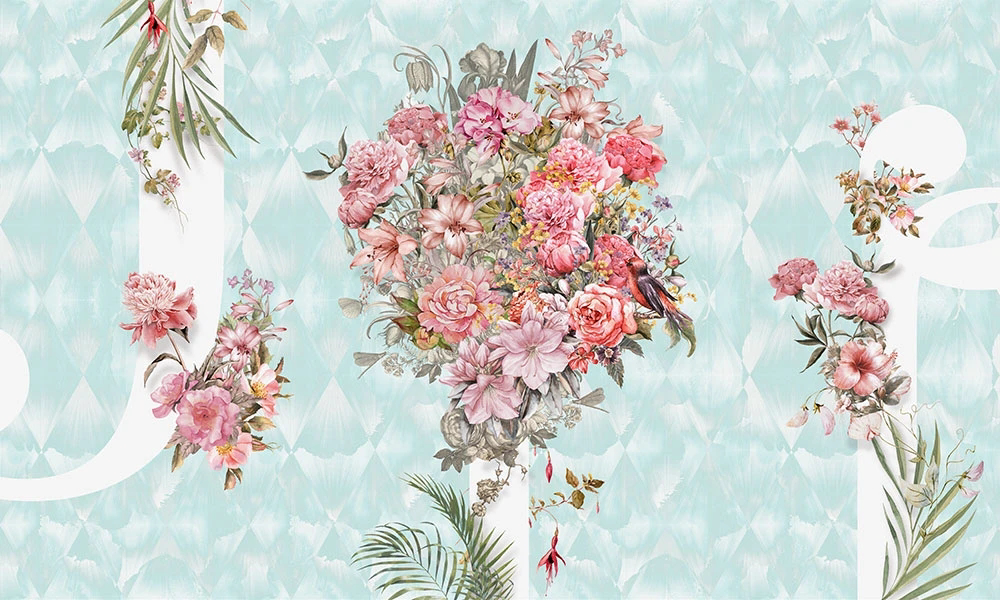 Фотообои и фрески на стену - цветы, розовые, на голубом фоне