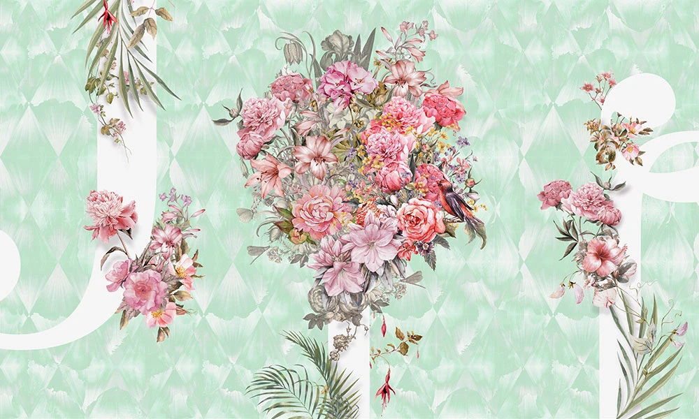 Фотообои и фрески на стену - цветы, розовые, на зеленом фоне