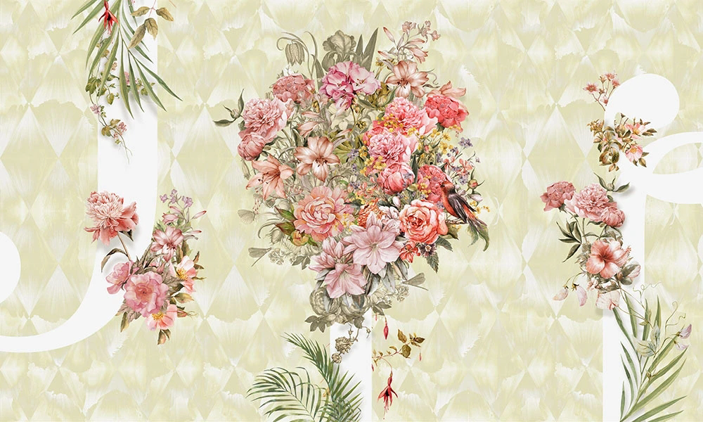 Фотообои и фрески на стену - цветы, розовые, на оливковом фоне
