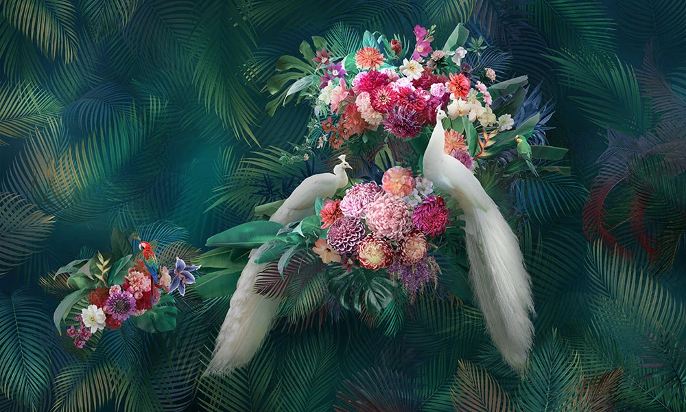 Фотообои и фрески на стену - цветы, яркие, павлины белые, на бирюзовом фоне