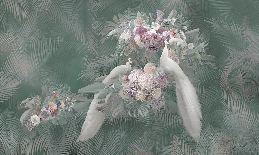 Фотообои и фрески на стену - цветы, розовая, белые павлины, на светло зеленом фоне