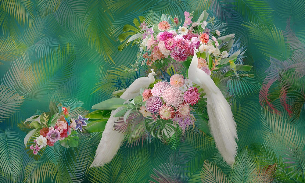 Фотообои и фрески на стену - цветы, листья, павлины, на ярко зеленом фоне