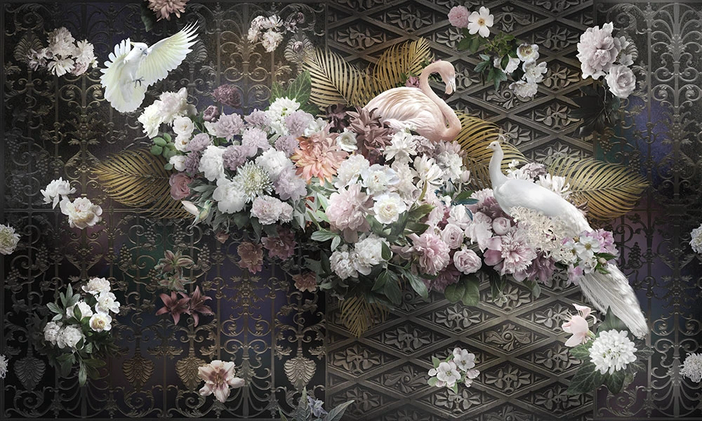 Фотообои на стену - цветы, фламинго, павлин