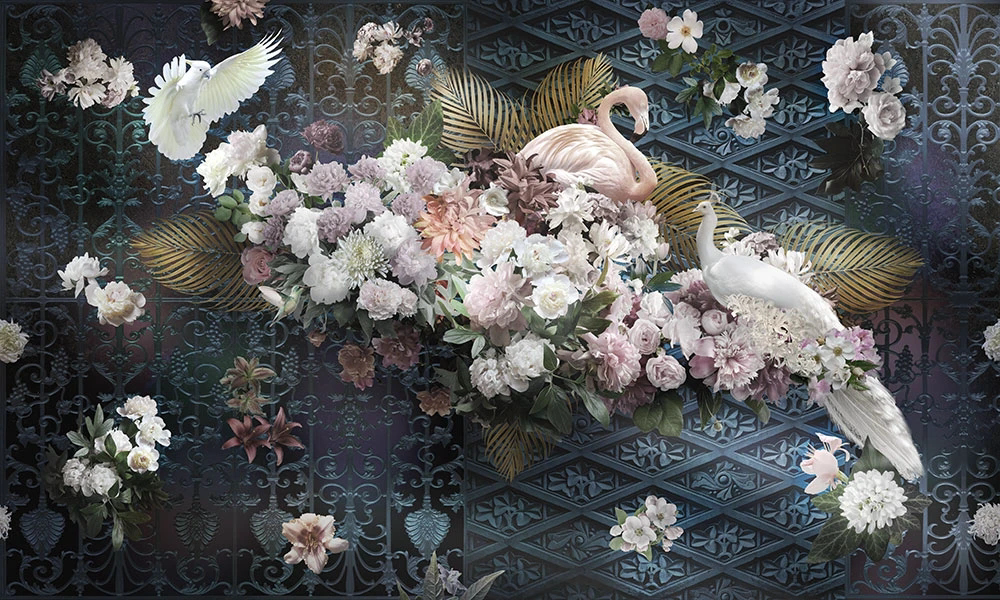 Фотообои и фрески на стену - цветы, фламинго, павлин, синяя