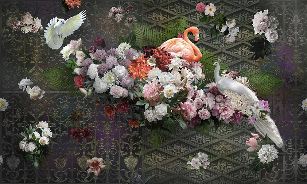 Фотообои и фрески на стену - цветы, фламинго, павлин, зеленая