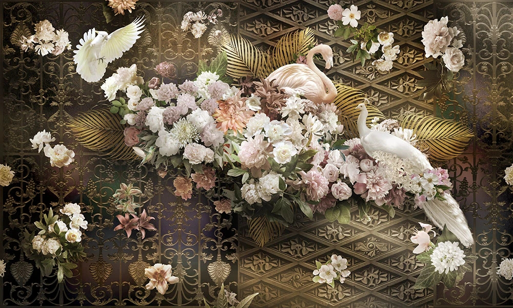 Фотообои на стену - цветы, фламинго, павлин, коричневая