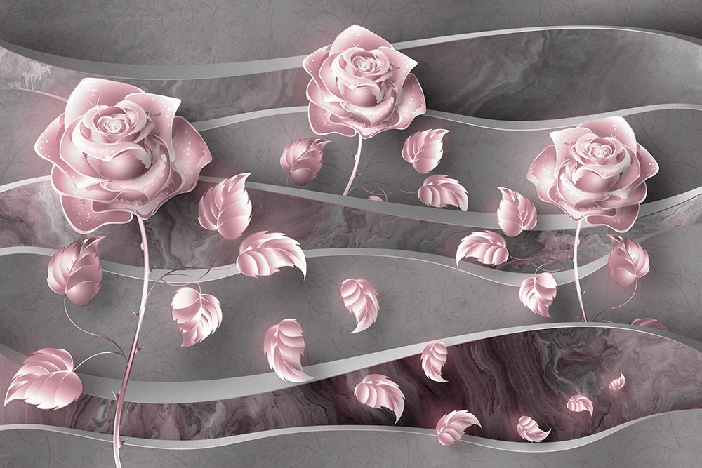 Фотообои и фрески на стену - цветы, розы, розовые, на сером фоне