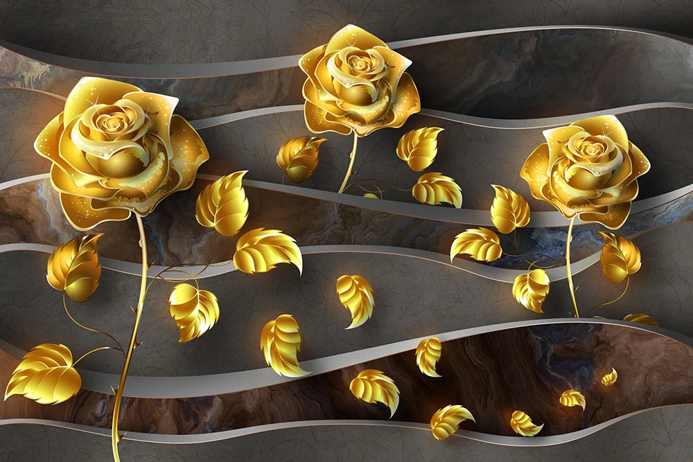 Фотообои на стену - цветы, розы, золотые, желтые, темно серая