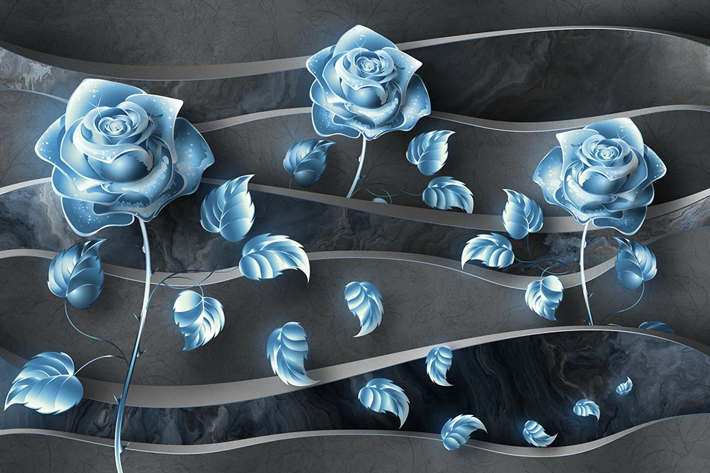Фотообои и фрески на стену - цветы, розы, синяя, на сером фоне