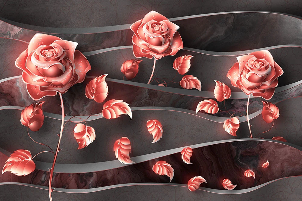 Фотообои и фрески на стену - цветы, розы, красная, на сером фоне
