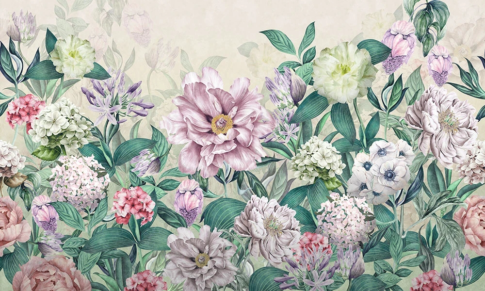 Фотообои и фрески на стену - цветы, цветочная поляна, розовая, зеленая