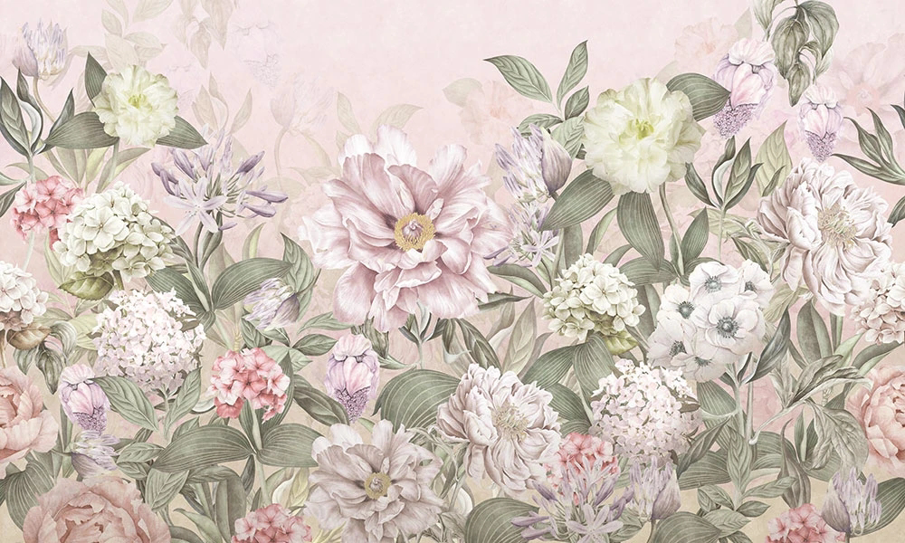 Фотообои на стену - цветы, цветочная поляна, светло розовая, светло зеленая