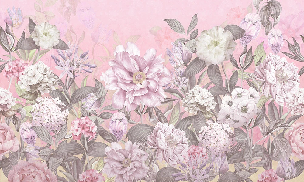 Фотообои на стену - цветы, цветочная поляна, розовая, на розовом фоне