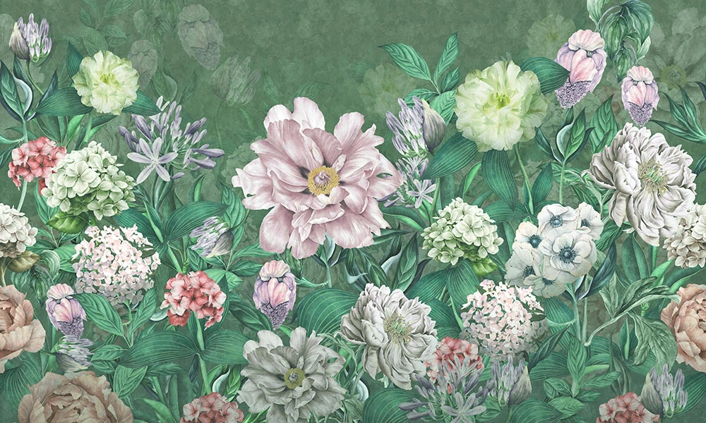 Фотообои и фрески на стену - цветы, цветочная поляна, ярко зеленая, розовая