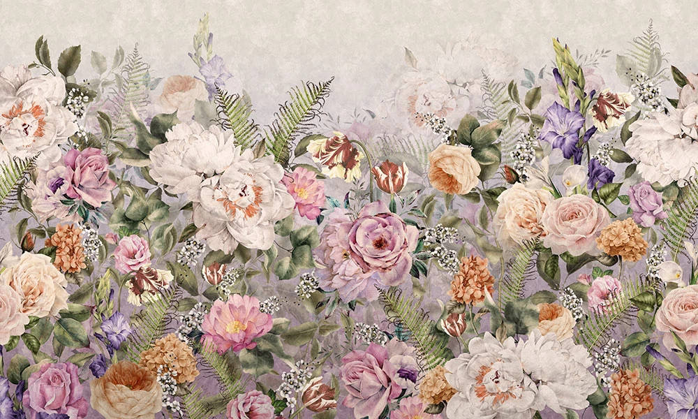 Фотообои и фрески на стену - цветы, цветочная поляна, персиковая, желто-розовая