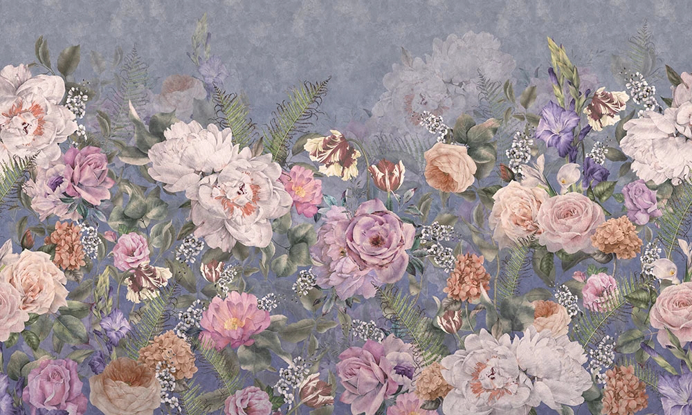 Фотообои и фрески на стену - цветы, цветочная поляна, розовая, на сером фоне