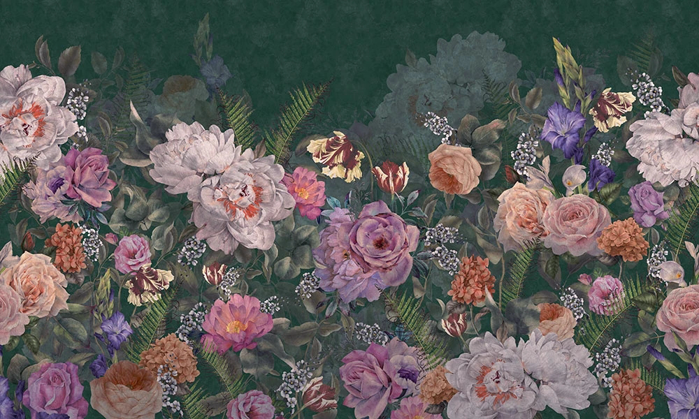 Фотообои и фрески на стену - цветы, цветочная поляна, розовая, на черном фоне