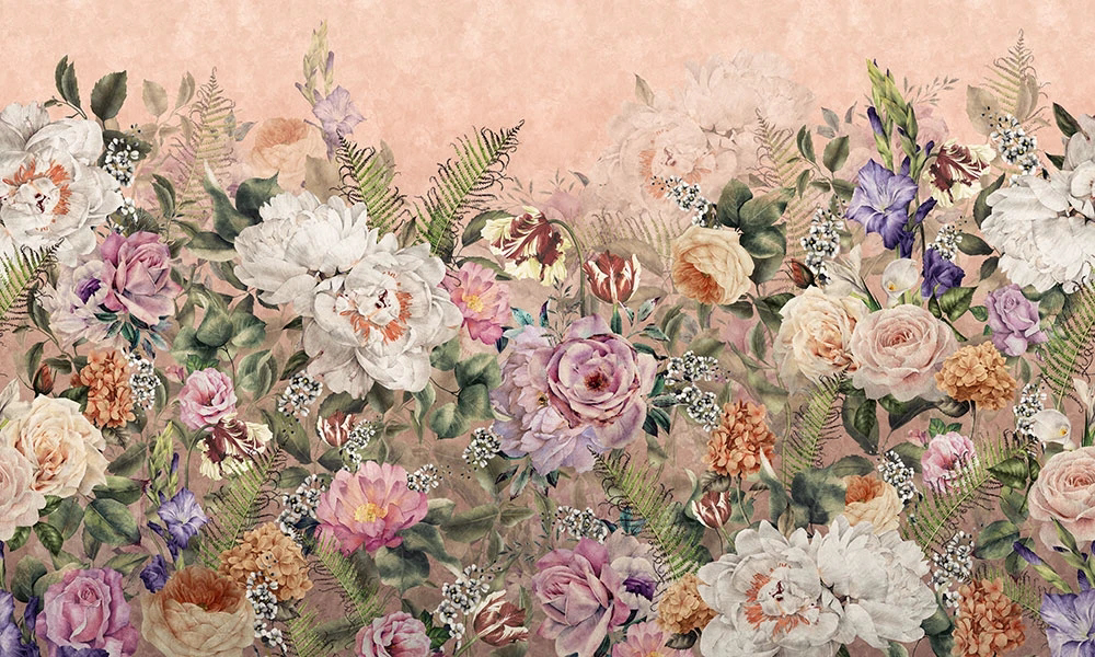 Фотообои и фрески на стену - цветы, цветочная поляна, персиковая, абрикосовая