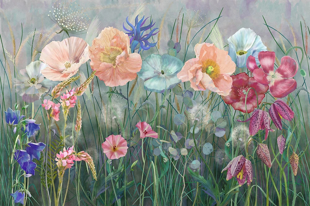 Фотообои и фрески на стену - цветы, цветочная поляна, маки, розовая, зеленая