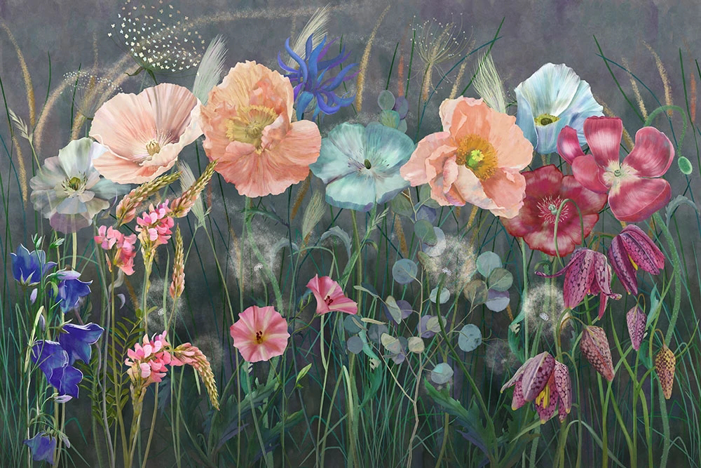 Фотообои и фрески на стену - цветы, цветочная поляна, маки, розовая, ярко зеленая