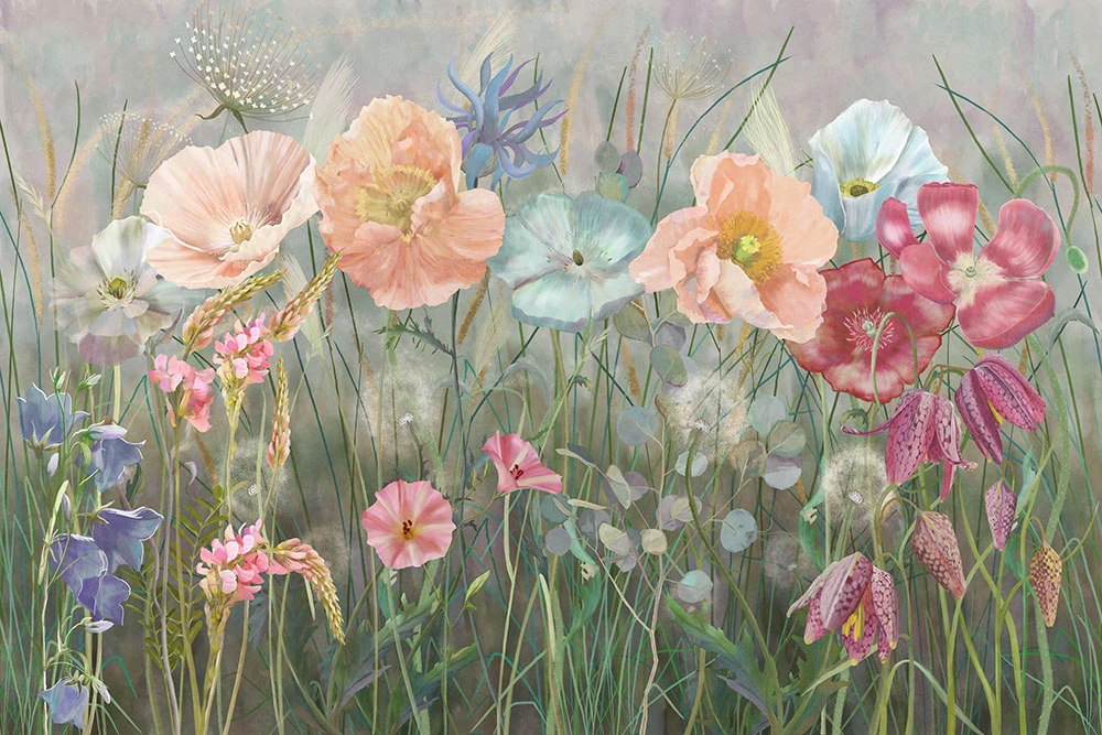 Фотообои и фрески на стену - цветы, цветочная поляна, маки, розовая, светло зеленая