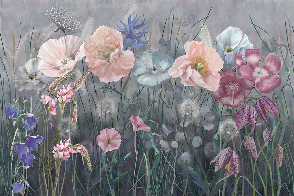 Фотообои на стену - цветы, цветочная поляна, маки, розовые, серо-зеленая