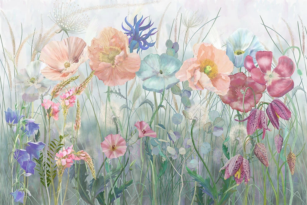 Фотообои на стену - цветы, цветочная поляна, маки, розовые, нежно зеленая, салатовая