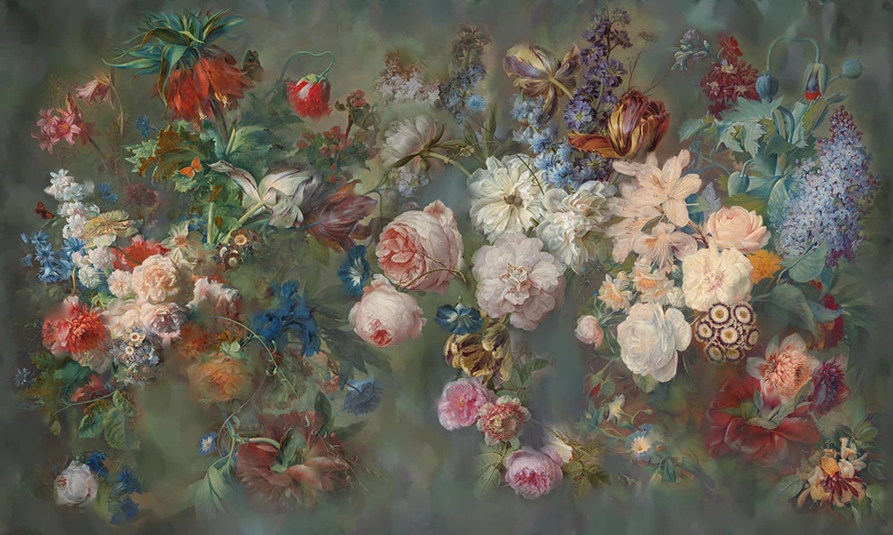 Фотообои на стену - цветы, хейсум, цветочная поляна, яркие, розовая, серо-зеленая